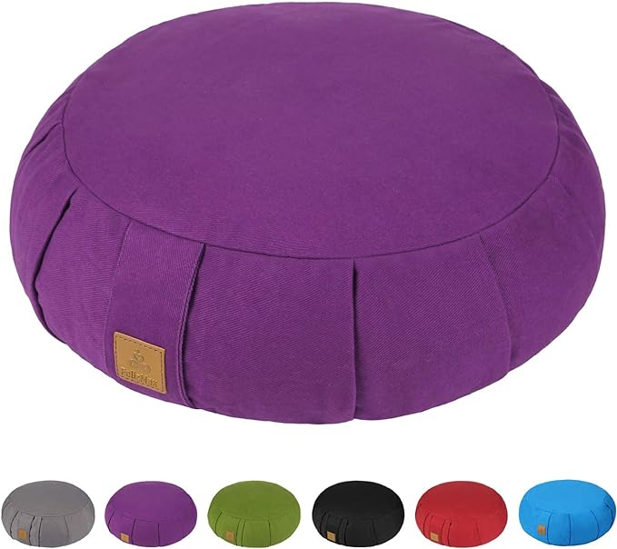 Round Zafu Meditation Cushion, D=15" H=5.5" Zabuton Meditation Pillow, Yoga Bolster/Pillow, Floor seat, Zippered Organic Cotton Cover, Natural Buckwheat, Kneeling Pillow