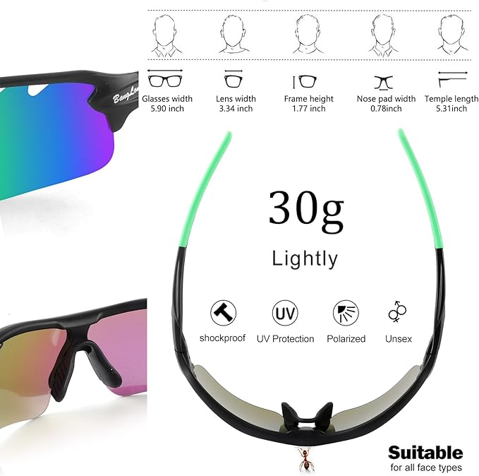 BangLong Polarized Sports Sunglasses Cycling Sun Glasses for Men Women with 5 Interchangeable Lenes for Running Baseball Golf