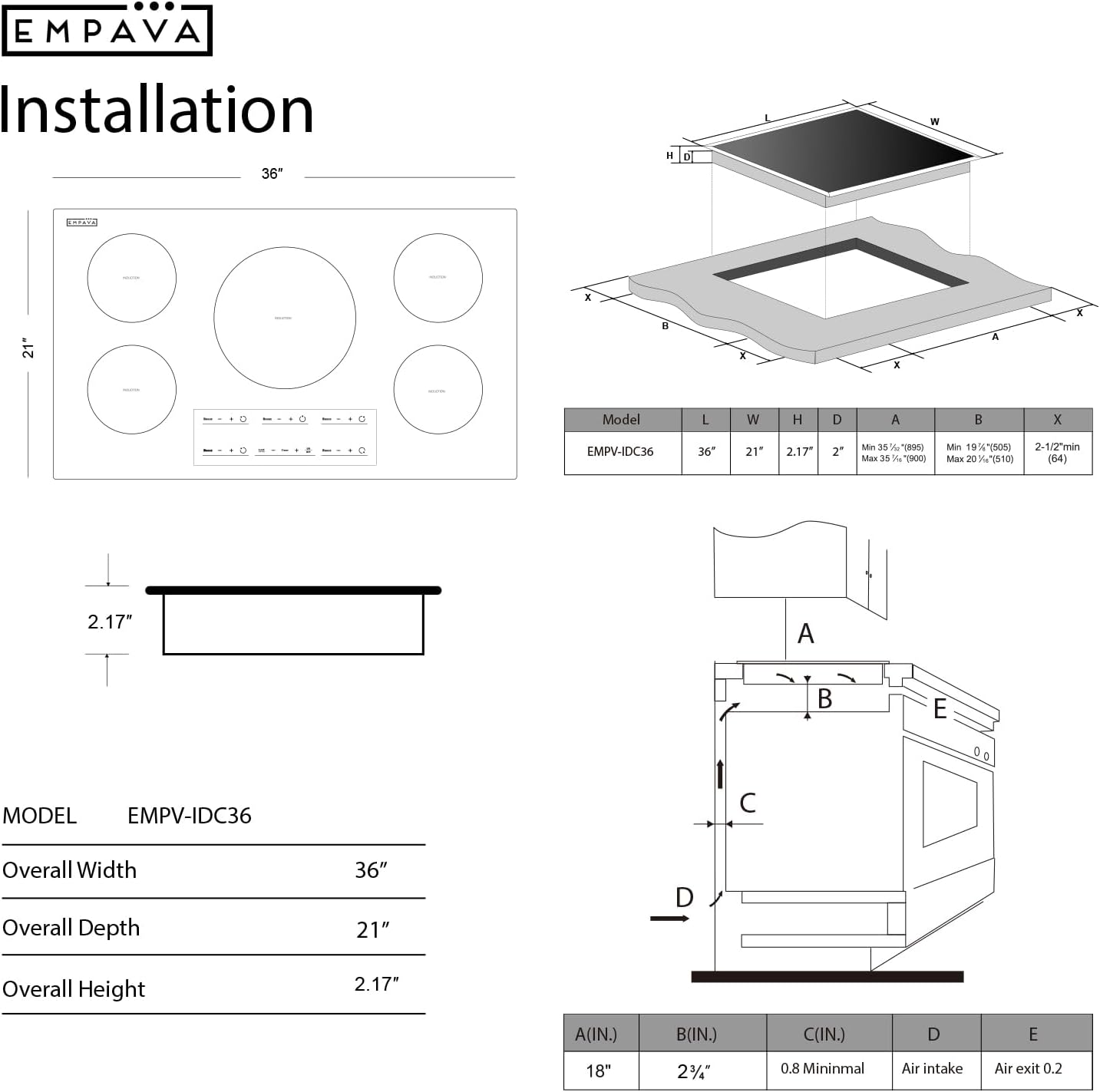 Empava 36 Inch Electric Induction Cooktop Built-in, 5 Zone Smooth Glass Surface, Touch Sensor Panel Power Boost, Timer Control, Child Lock Feature, Hardwired Kitchen Appliance