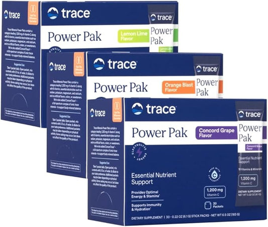 Trace Minerals Power Pak | Electrolyte + Vitamin C, Zinc, Magnesium | Supports Immunity, Hydration & Energy | Lemon Lime, Orange, Grape | 30 ct Variety Pack (3 Flavors)