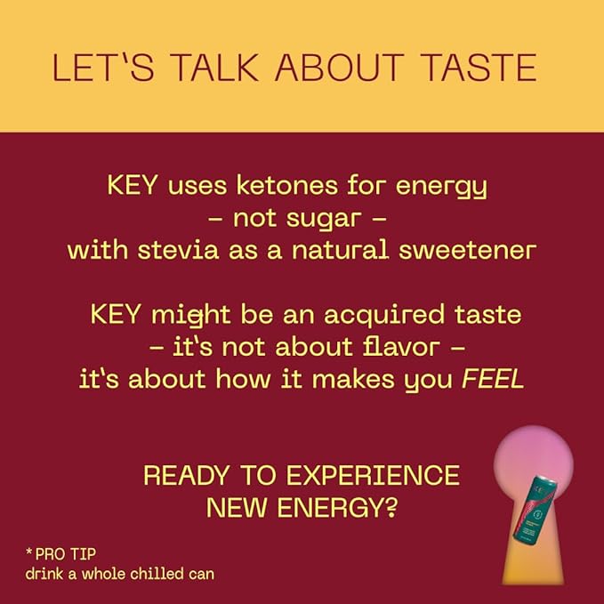 KEY Ketone Energy Drink : Sugar Free, 80mg Low Caffeine, All Natural, 11.5g Ketones, Long Lasting Energy, Green Tea & L-Theanine for Mental Focus, Pineapple Passionfruit (Pack of 12)
