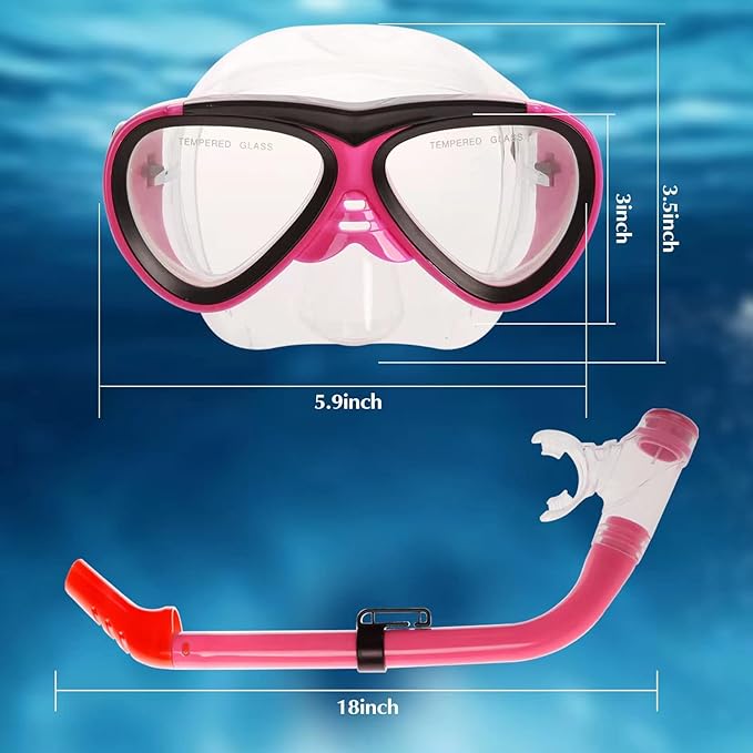 GreenLF Kids Snorkel Set, Anti-Fog Snorkeling Mask with Nose Covers for Youth Junior Child, Boys & Girls Age 5-12, Semi-Dry Diving Scuba Swimming Goggles Gear Packages