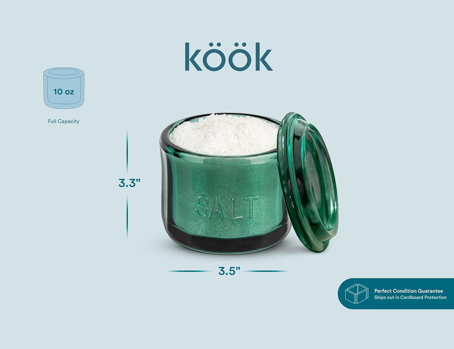 KooK Glass Salt Cellar, with Lid, Embossed Pressed Glass, Clear Storage Container, for Coffee, Sugar, Spices and Candies, 10 oz (Emerald Green)