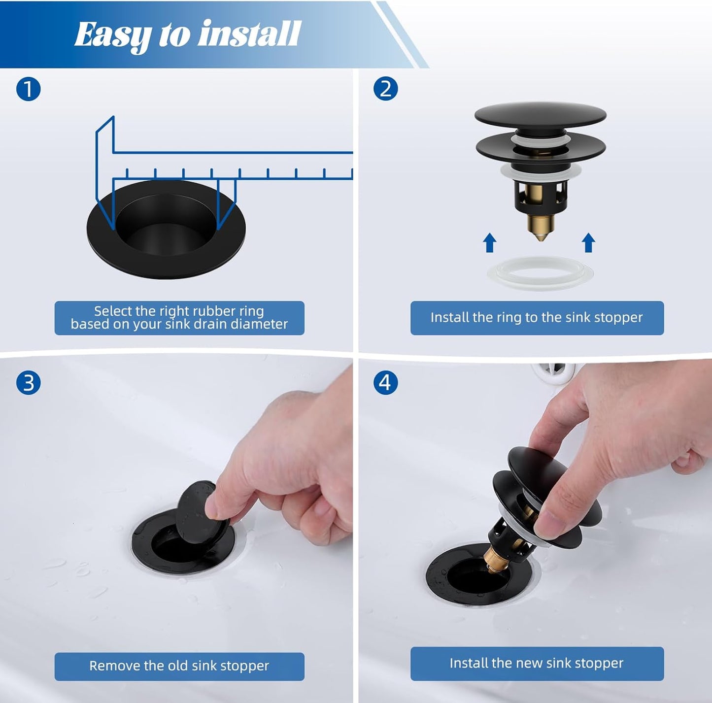 Hibbent 2 Pack All Metal Upgraded Bathroom Sink Stopper, Universal Pop Up Sink Drain Strainer, Brass Bullet Core Push Type Sink Stopper for 1.1''~2.3''' Basin, Anti Clogging Drain Filter, Matte Black