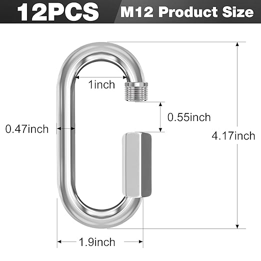 M12-12 Pack 4.17“ Quick Links Chain Connectors, 1/2" Galvanized Chain Locking Carabiners Hooks, 2500LBS Heavy Duty Thread Quick Link Clips, Twist Oval Keychain D Shape for Swing, Camping
