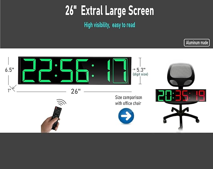 26'' Extra Large Home Gym Timer Clock, Programable Workout Interval Timer, Digital Wall Clock, with 7-Color Night Light, 8 Alarm Clocks, Calendar/Temperature, Countdown & Stopwatch (Green)