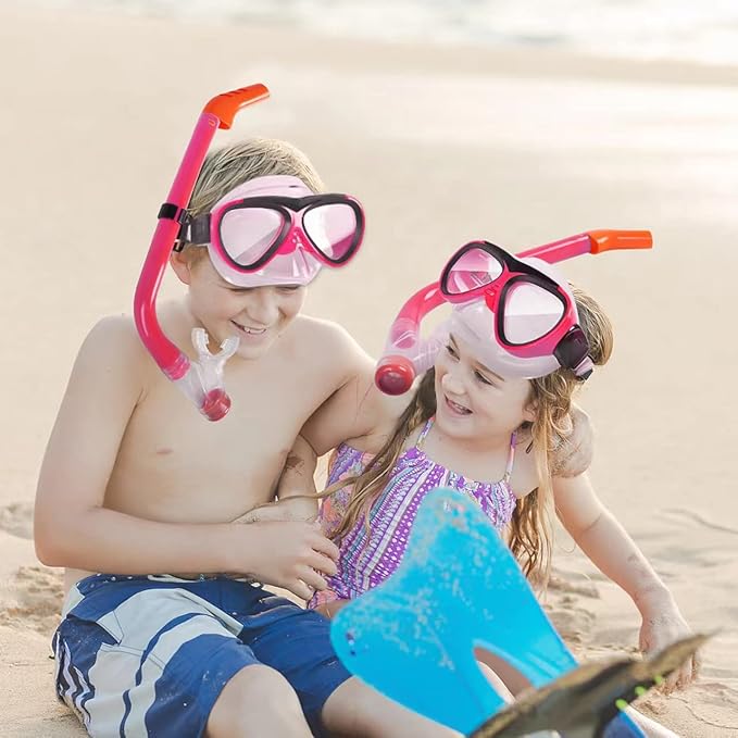 GreenLF Kids Snorkel Set, Anti-Fog Snorkeling Mask with Nose Covers for Youth Junior Child, Boys & Girls Age 5-12, Semi-Dry Diving Scuba Swimming Goggles Gear Packages