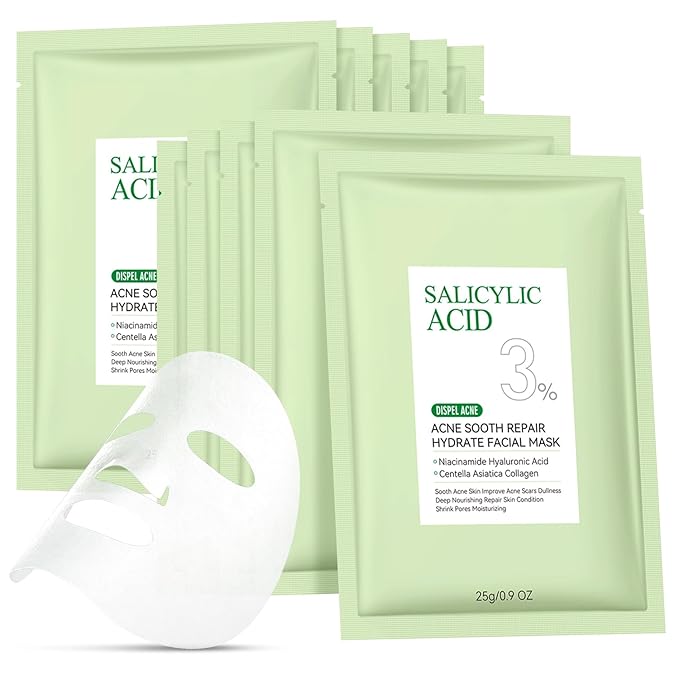 Anti Acne Face Mask Salicylic Acid Face Masks Skincare, Hydrating Face Masks, Soothing Facial Sheet Mask Skin Care for Acne Prone, Acne Mask for Pimple Breakouts Oil Control, 10 Pack