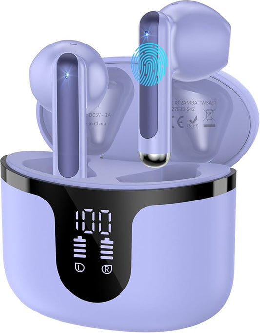 Wireless Earbuds, 2025 Bluetooth 5.3 Headphones HiFi Stereo 50H Playback Ear Buds with Led Digital Display, ENC Noise Cancelling Earbuds for Laptop Computer, iOS, Android, Purple