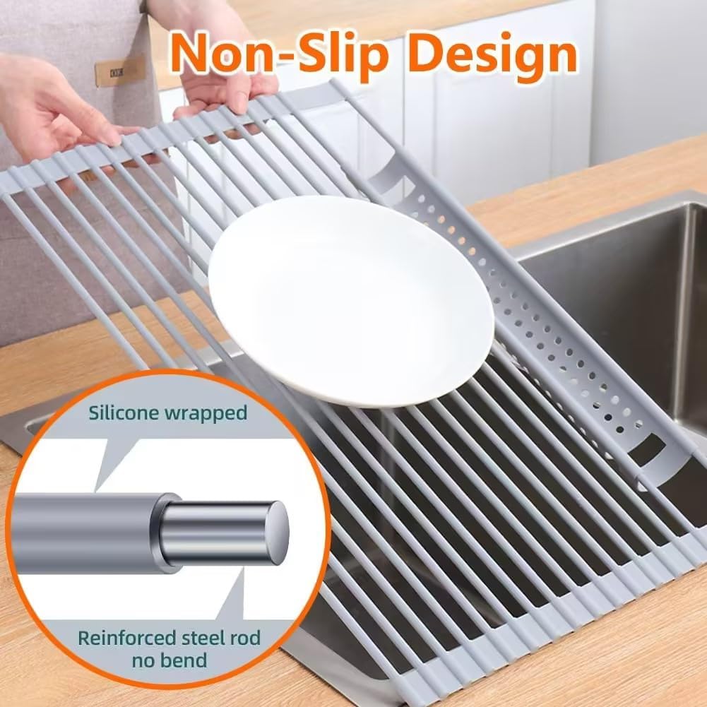 Silicone Wrapped Dish Drying Rack Above Sink, Width 20.47 inches x Length 12.99 inches, roll up Dish Drain Above Sink - Foldable (Silicone Rubber)