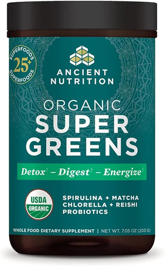 Ancient Nutrition Super Greens Powder, Organic Superfood Powder with Probiotics Made with Spirulina, Chlorella, Matcha, and Digestive Enzymes, 25 Servings, 7.05oz