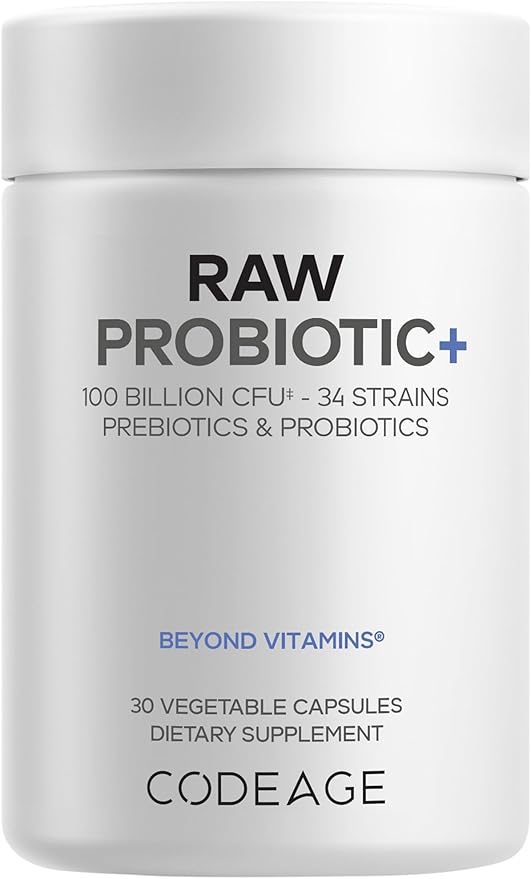 Codeage Raw Probiotic+ Supplement - 34 Probiotic Strains, 100 Billion CFUs, Raw Whole Food Probiotics, Digestive Enzymes, Raw Fruits & Veggies Prebiotics - Wild Kefir Culture - Non-GMO - 30 Capsules