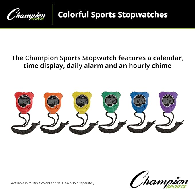 Champion Sports Stopwatch Timer Set: Waterproof, Handheld Digital Clock Sport Stopwatches with Large Display for Kids or Coach - Bright Colored 6 Pack