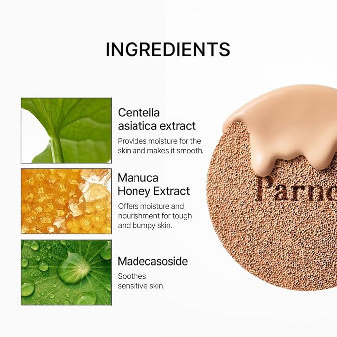 Parnell Cicamanu Serum Cushion - Moisturizing Foundation for Soothing, Coverage, Glass Skin and Lightweight for Sensitive and Dry Skin Pearl Skin (0.52 Fl Oz) (35N)