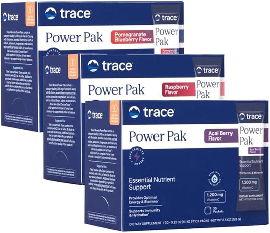 Trace Minerals Power Pak | Electrolyte + 1200mg Vitamin C, Zinc, Magnesium | Immunity, Hydration & Energy Support | Pomegranate Blueberry, Raspberry, Acai Berry | 30 ct Variety Pack
