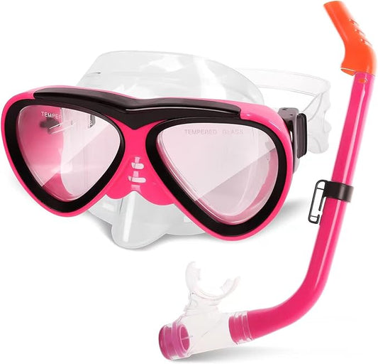GreenLF Kids Snorkel Set, Anti-Fog Snorkeling Mask with Nose Covers for Youth Junior Child, Boys & Girls Age 5-12, Semi-Dry Diving Scuba Swimming Goggles Gear Packages