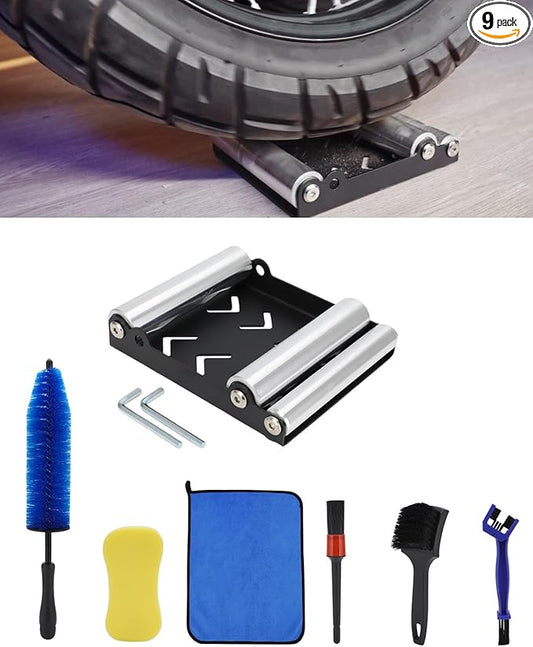 Motorcycle Wheel Cleaning Stand with Cleaning Brush Kit,Universal Roller Paddock for Dirt Street Bike Ebike for Tire Cleaning & Chain Lubrication(Bikes<700 lb & Tire Width<250 mm)(9PCS)