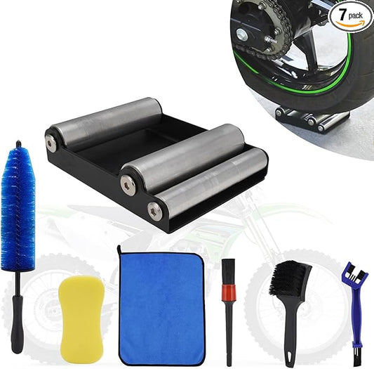 Motorcycle Wheel Cleaning Stand with Cleaning Brush Kit,Universal Roller Paddock for Dirt Street Bike Ebike for Tire Cleaning & Chain Lubrication(Bikes<500 lb & Tire Width<180 mm)