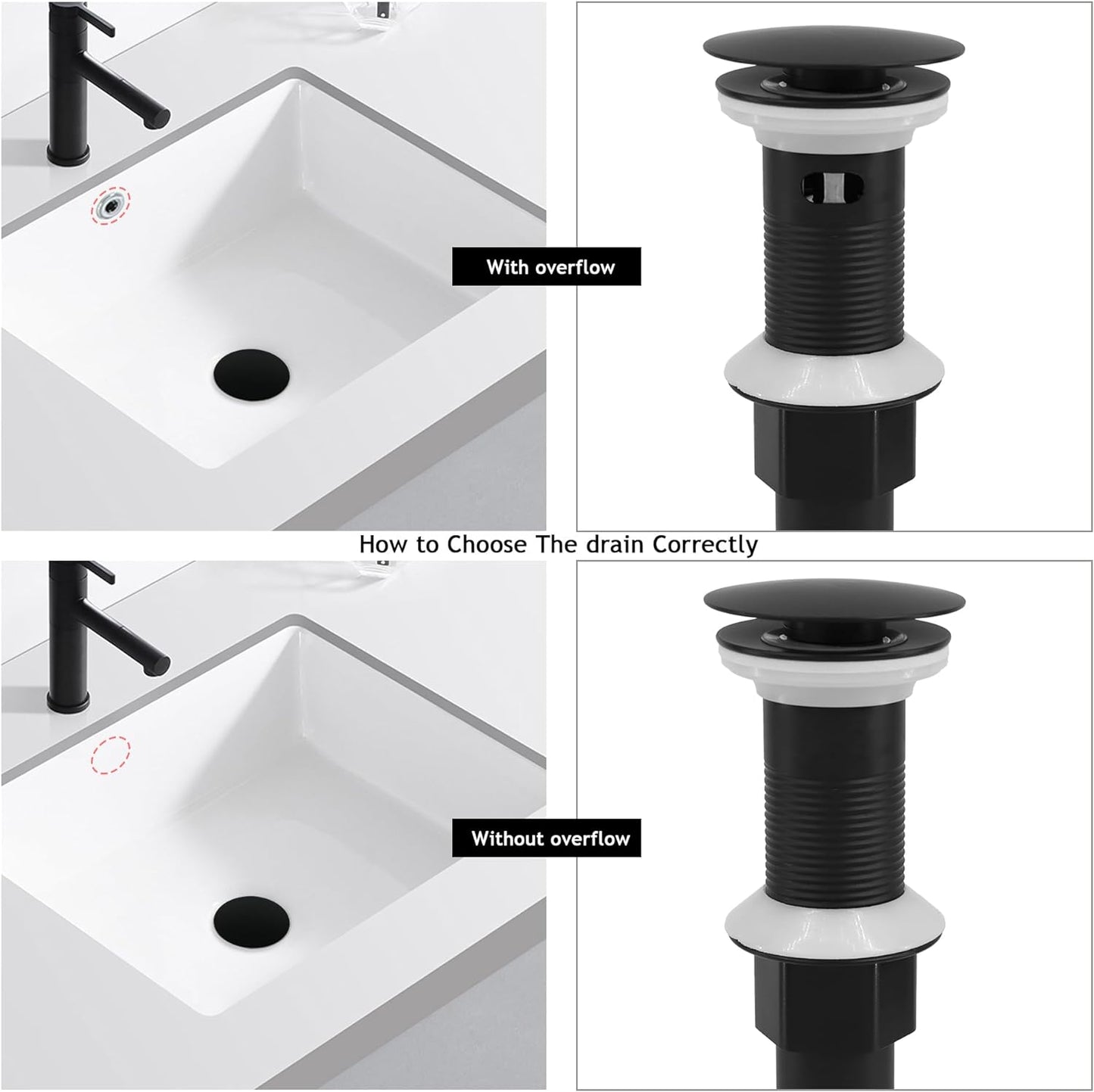 Bathroom Sink Drain,2 Pack Drain Stopper Without Overflow,Pop Up Drain Assembly with Detachable Strainer Basket,Built-in Anti-Clogging, Stainless Steel Nut Mattle Black