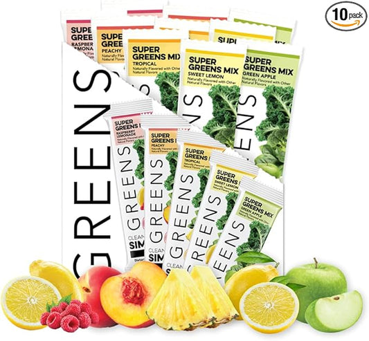 Clean Simple Eats Greens Variety 10 Pack, Greens Powder Mix, Packed with Superfoods Chlorella & Spirulina, Includes 5 Delicious Flavors: Peachy, Green Apple, Raspberry Lemonade, Sweet Lemon & Tropical