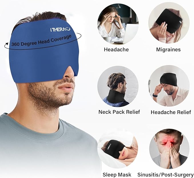 iTHERAU Migraine Relief Cap,Migraine Ice Head Wrap,Headache Ice Hat,Cold Therapy Headache Relief Cap for Migraine Eyes Mask Dark Blue Headache Ice Pack Stress Relief