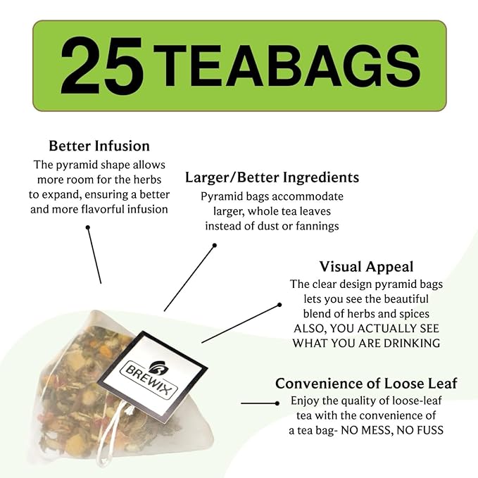 BREWIX, Tulsi Holy Basil Tea Bags (25 Pyramid Bags) | Tulsi Leaves | Holy Basil & Chamomile | Caffeine Free | Herbal Tea Bags | Calming, Fresh and Cool Flavor