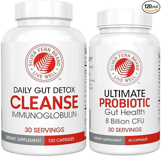 Silver Fern Gut Rehab Kit - 30 Day Supply - Cleanse Daily (1 Bottle = 120 Capsules) & Ultimate Probiotic (1 Bottle = 60 Capsules) - Immunoglobulins & Spore Forming Probiotics