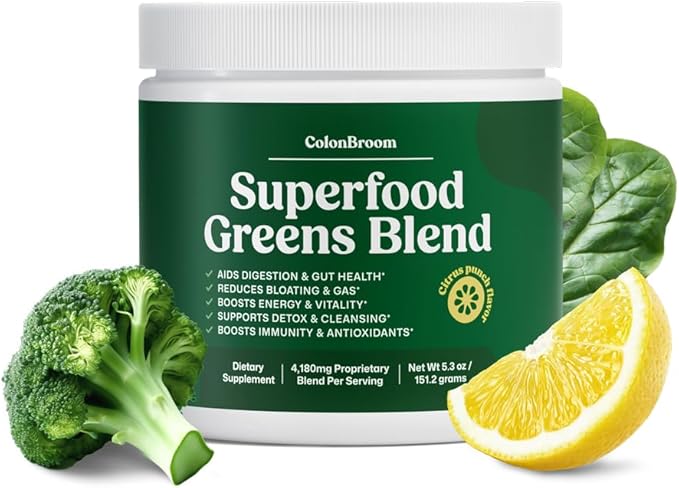 ColonBroom Superfood Greens Powder Supplement | Super Greens Juice Powder with Probiotics, Prebiotics, Spirulina & Chlorella | Natural for Energy, Immunity, Digestion & Detox Support | 28 Servings