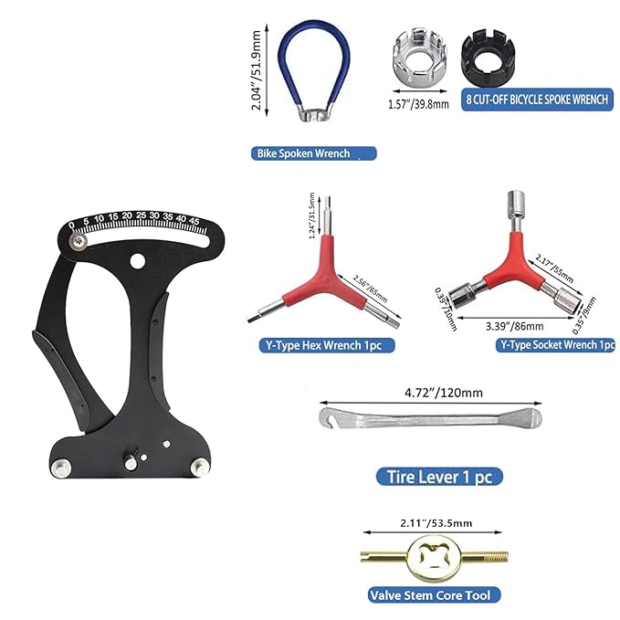 Bicycle Spoke Tension Meter Wrench Repair Tool Set, 8pcs Adjustment Bike Bicycle Spoke Indicator Tensiometer Wrench, Wheel Repair Tool W/Valve Wrench/Spoke Wrench/Tire Lever/Hex/Socket Wrench
