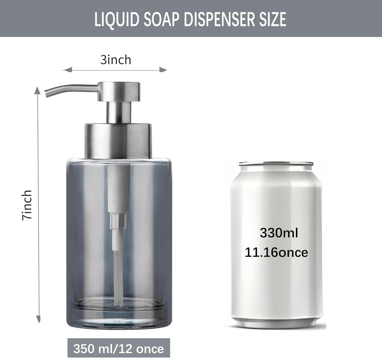 Enra Thick Glass Soap Dispenser with Stainless Steel Pump, 12oz Bathroom & Kitchen (Silver)