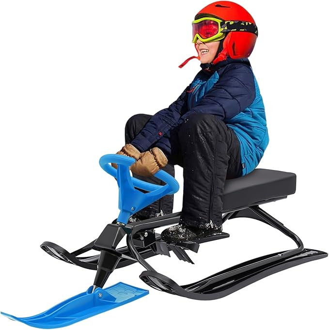 Snow Racer Sled, Ski Sled Slider Board with Steering Wheel, Twin Brakes, Anti-Slip Pedal, Snow Sled for Kids