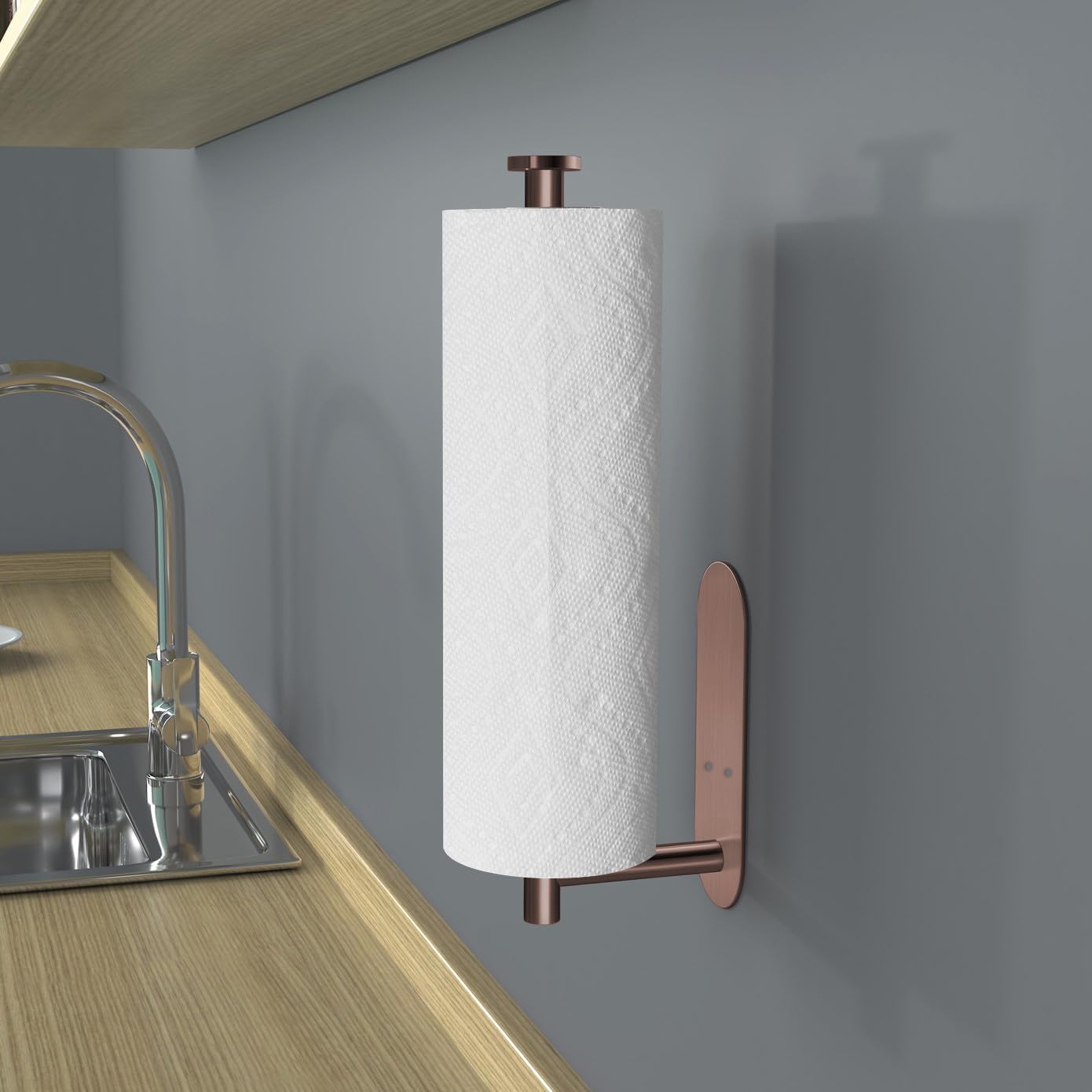 VAEHOLD Adhesive Paper Towel Holder Under Cabinet Wall Mount for Kitchen Paper Towel, Black Paper Towel Roll Holder Stick to Wall, Stainless Steel (Rose Gold)