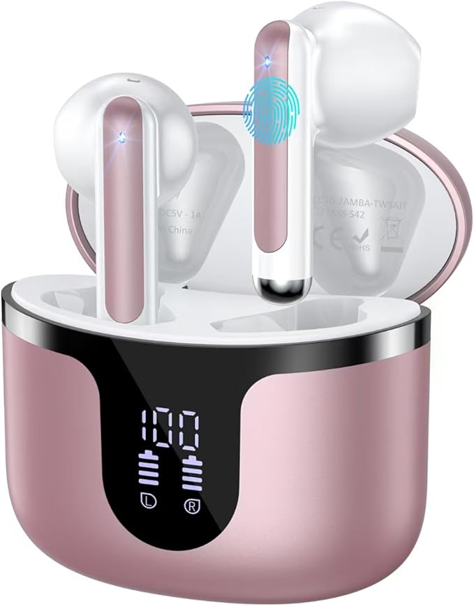 Wireless Earbuds, 2025 Bluetooth 5.3 Headphones HiFi Stereo 50H Playback Ear Buds with Led Digital Display, ENC Noise Cancelling Earbuds for Laptop Computer, iOS, Android, Rose Gold
