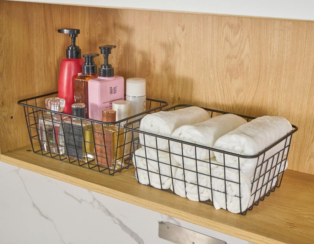 Wire Kitchen Storage Basket 4 Packs,Perfect Pantry Organization Accessories Basket,Laundry Baskets,Countertop Organization,Suitable for Kitchen,Bathroom,Bedroom,Tabletop,Stackable,Black