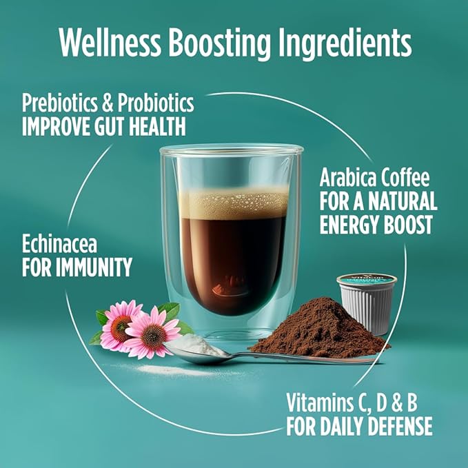 VitaCup Immunity Coffee Pods, Wellness Boost with Antioxidants, Echinacea, Probiotics, Vitamin C & D3, Medium Dark Roast, Recyclable Single Serve Pod Compatible with Keurig K-Cup Brewers,64 Ct