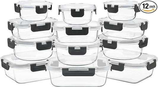 12 Pack Glass Food Storage Containers with Airtight Lids for Meal Prep, Leftover, BPA-Free, Leak-Proof, Freezer to Microwave Safe (12 Lids & 12 Containers)