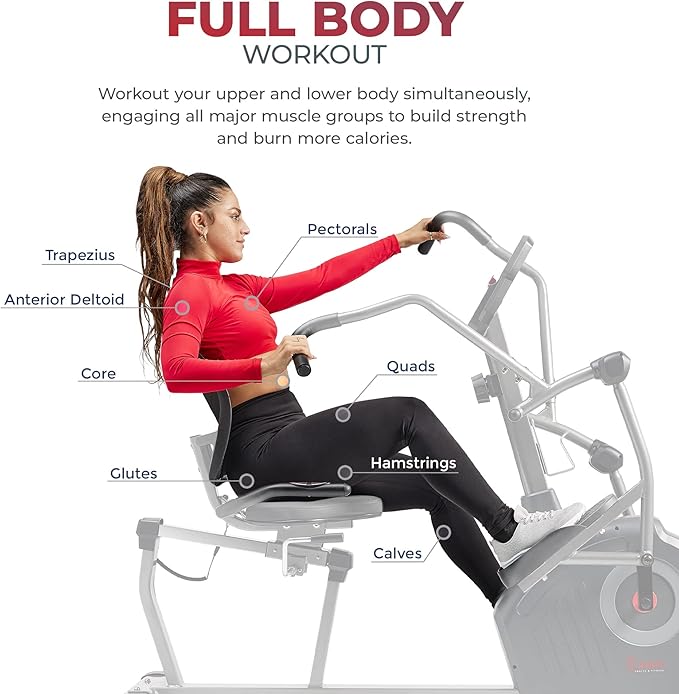 Sunny Health & Fitness Elite Recumbent Cross Trainer & Elliptical Machine with Arm Exercisers for Home Arm/Leg Training, Easy Adjust Seat & Mesh Backrest, Free SunnyFit App Bluetooth Connectivity