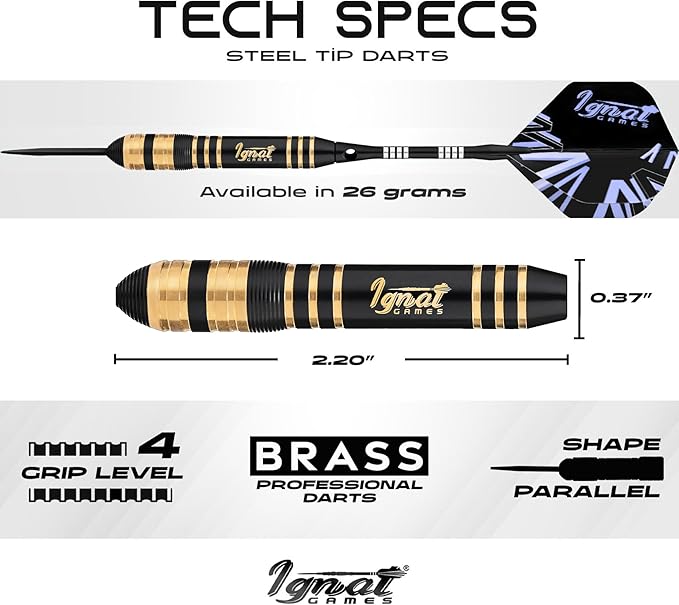 IgnatGames Premium Steel Tip Darts – 3/6/12 Pack Brass Barrels with Aluminum Shafts, 16 GlideXPro Flight Set, Tool Kit & Giftable Case