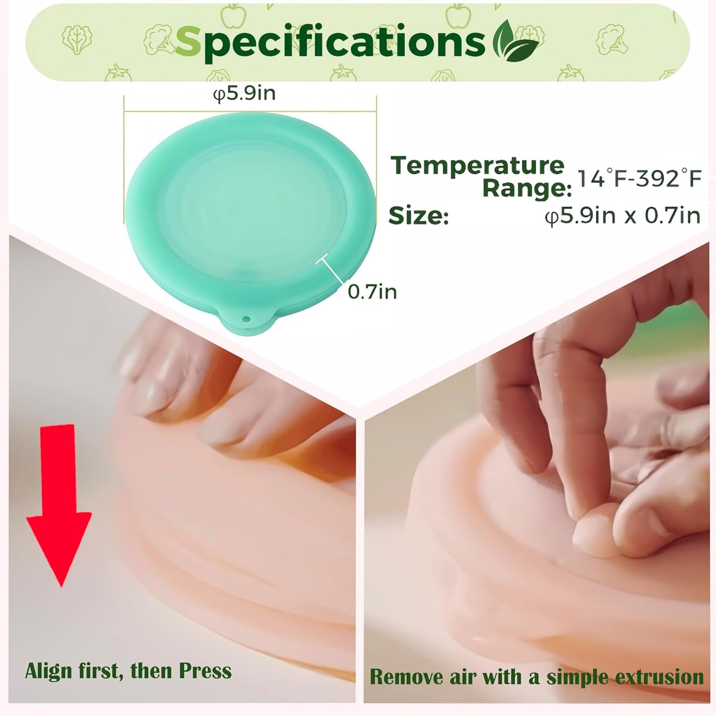 Silicone Reusable Vacuum-Seal Storage Containers for Fridge,Fresh Fruit,Vegetables,Garlic,Onions,Lemons,Potatoes,Meat,for Microwave Oven Heating,Freezer,Dishwasher,Avocado Saver,Tomato Holder,3 Pack