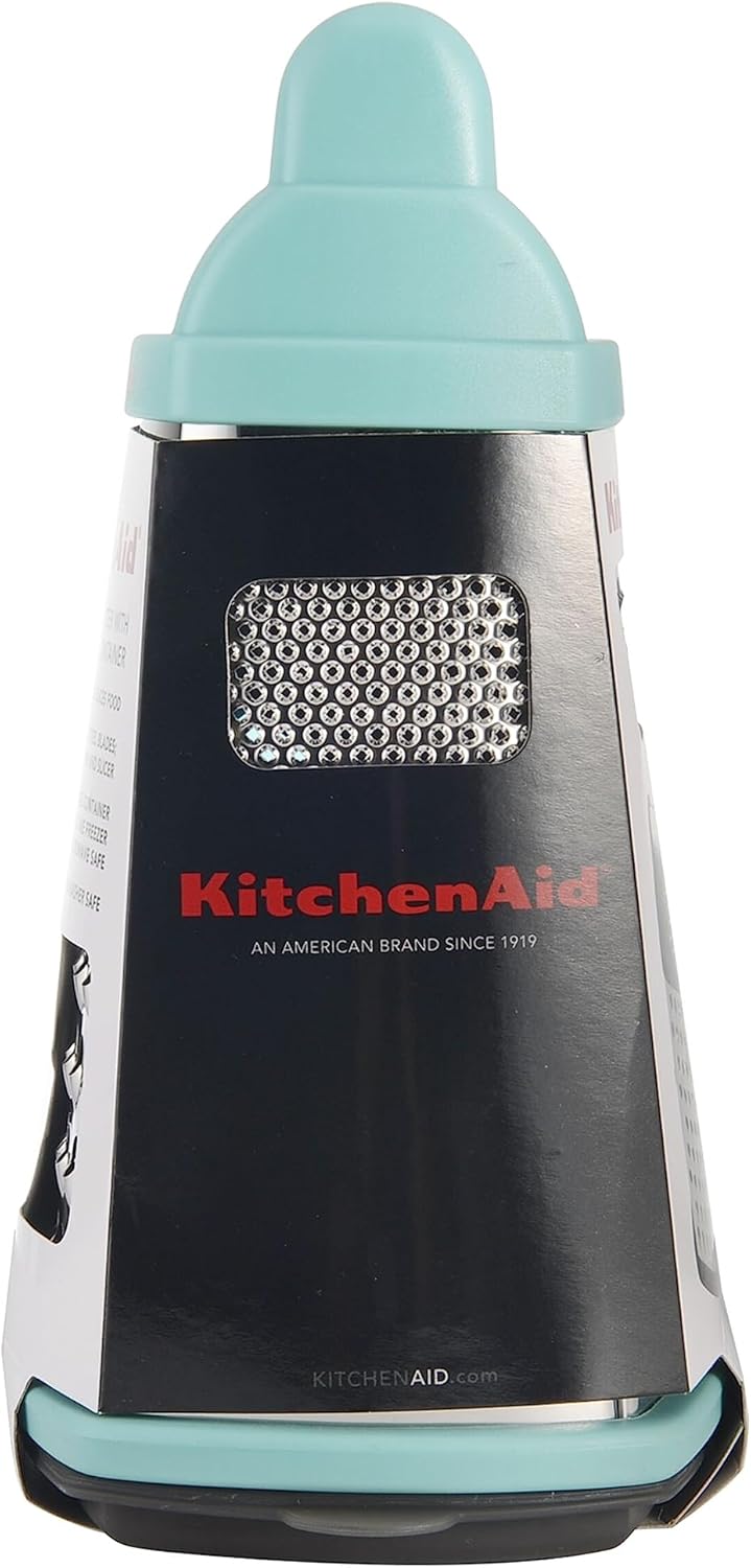 KitchenAid Gourmet 4-Sided Stainless Steel Box Grater for Fine, Medium and Coarse Grate, and Slicing, Detachable 3 Cup Storage Container and Measurment Markings, Dishwasher Safe, 10 inches tall, Aqua