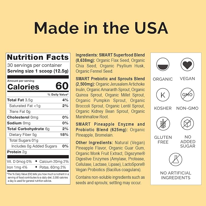 SMART Pressed Juice Pineapple Chia Cleanse | Prebiotic Superfood Plant Based Fiber with Vegan Probiotics & Enzymes | Pineapple Juice Cleanse for Women & Men | 30 Servings