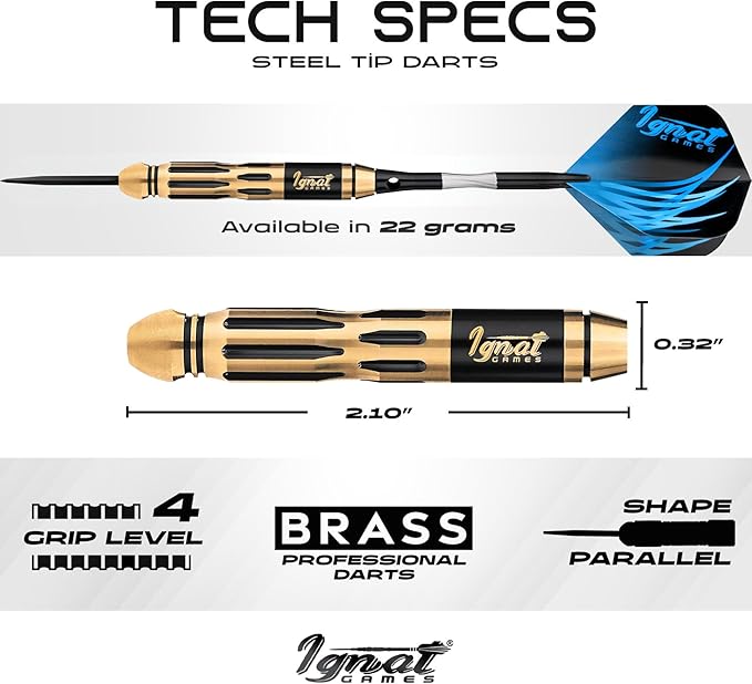 IgnatGames Premium Steel Tip Darts – 3/6/12 Pack Brass Barrels with Aluminum Shafts, 16 GlideXPro Flight Set, Tool Kit & Giftable Case