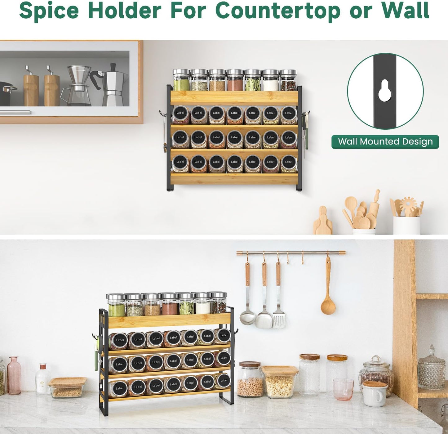 EsLuker.ly Spice Seasoning Rack Organizer Kitchen Countertop, 4 Tier Bamboo Spice Shelf Holder Storage with 4 Hooks, Wall Mounted Freestanding Stand for Pantry, Quick Spice Access(Jars Not Included)
