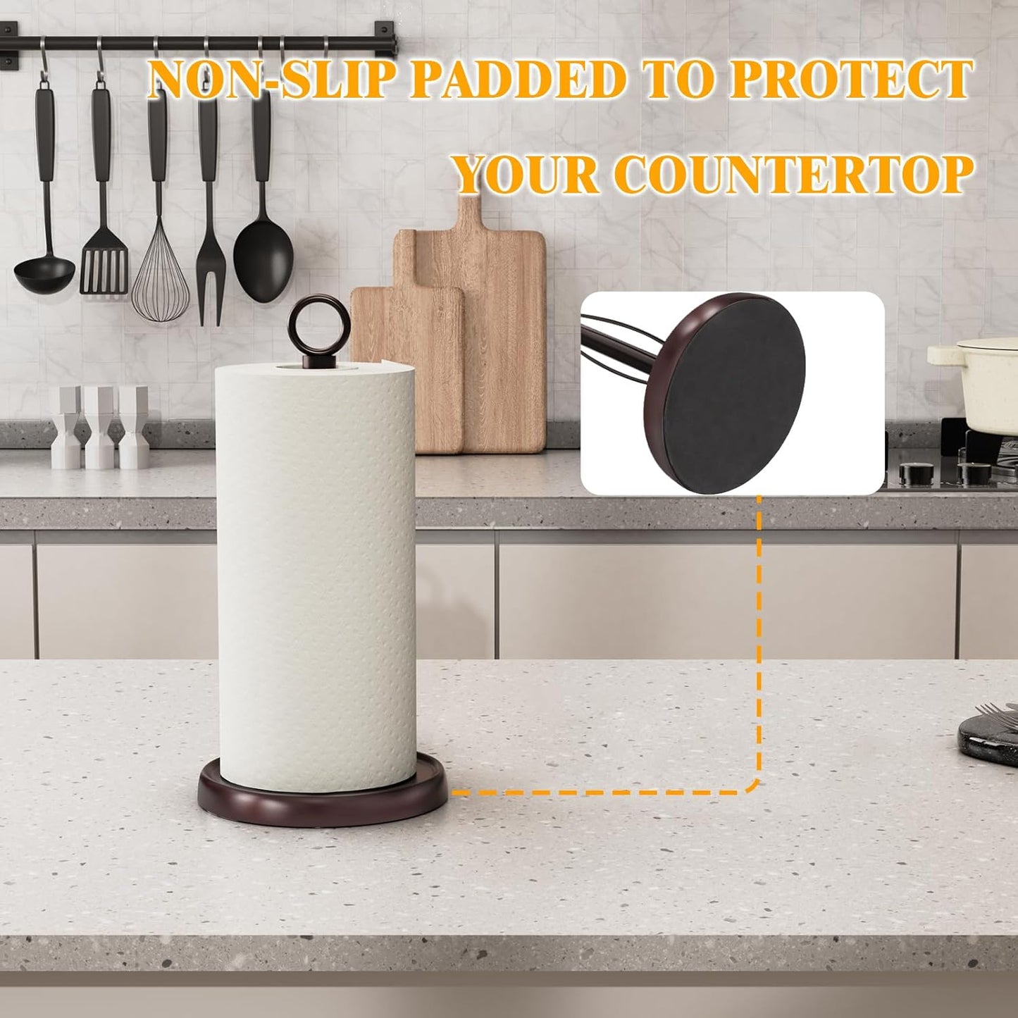 Oil Rubbed Bronze Paper Towel Holder Countertop, Bronze Kitchen Accessories Decor, Stainless Steel, Weighted Base, One Hand Tear Paper Towel Stand with Ratchet System for Kitchen Farmhouse Essentials