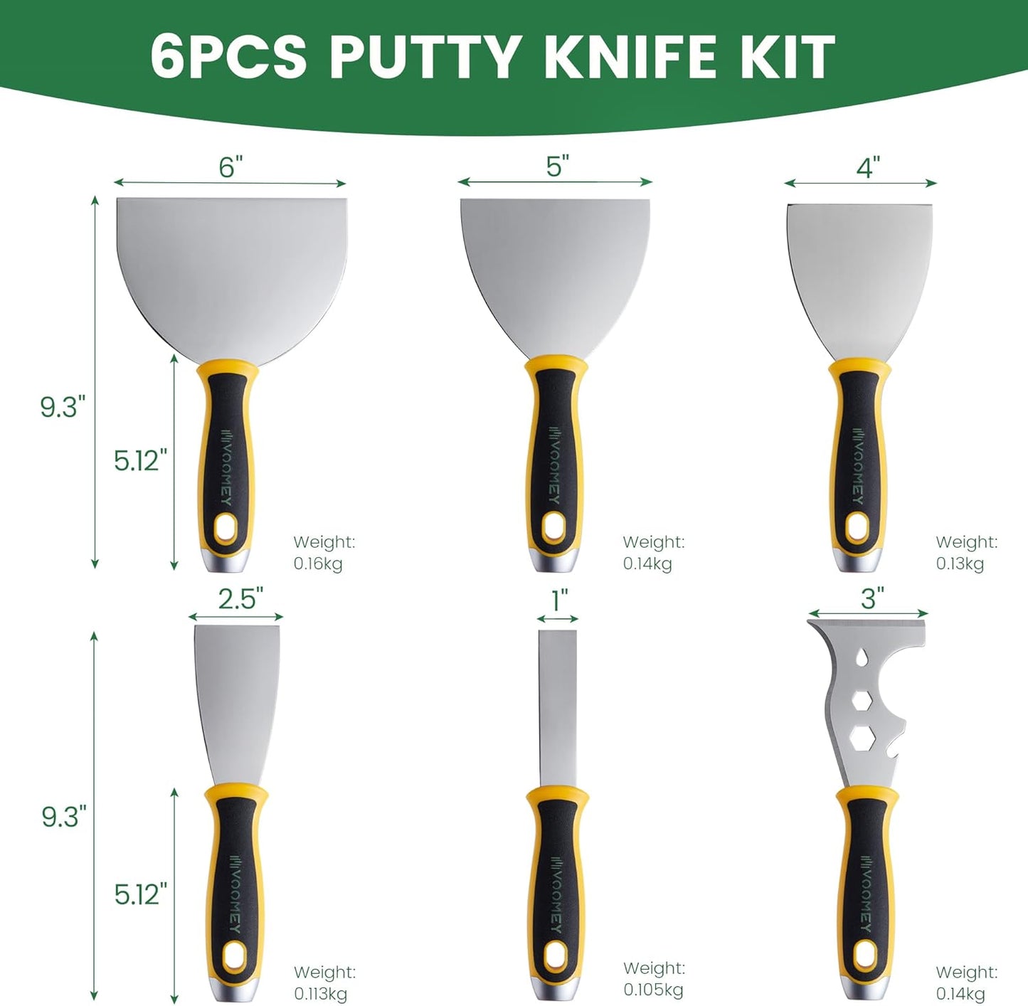 VOOMEY Putty Knife Set, 420 Stainless Steel Paint Scraper Tools,Taping Knives 6pcs, Drywall Knife Set Used for Renovating Old Walls, Applying Putty, Removing Wallpaper