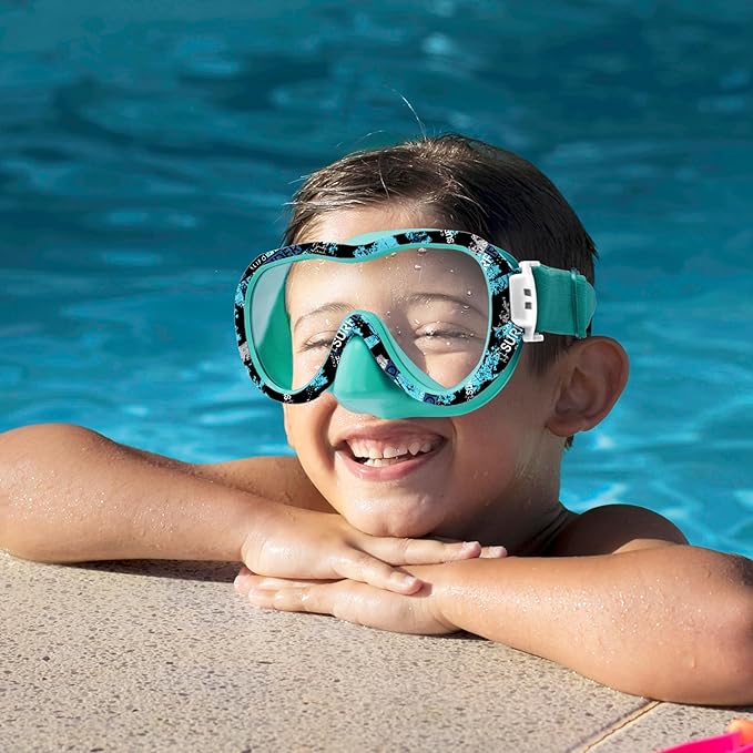 Kids Swim Goggles with Nose Cover, 180° Panoramic Snorkel Mask with Anti-Fog & Anti-Leak Design, Comfort Fabric Strap UV Protection Lens for Boys Girls Ages 3-15