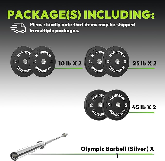 Olympic Bumper Plates Set 2 Inch, 10-55 lbs Rubber Weight Plates with 45 lb (20kg) Black/Silver Barbell, Strength Training & Weight Lifting for Home Gym