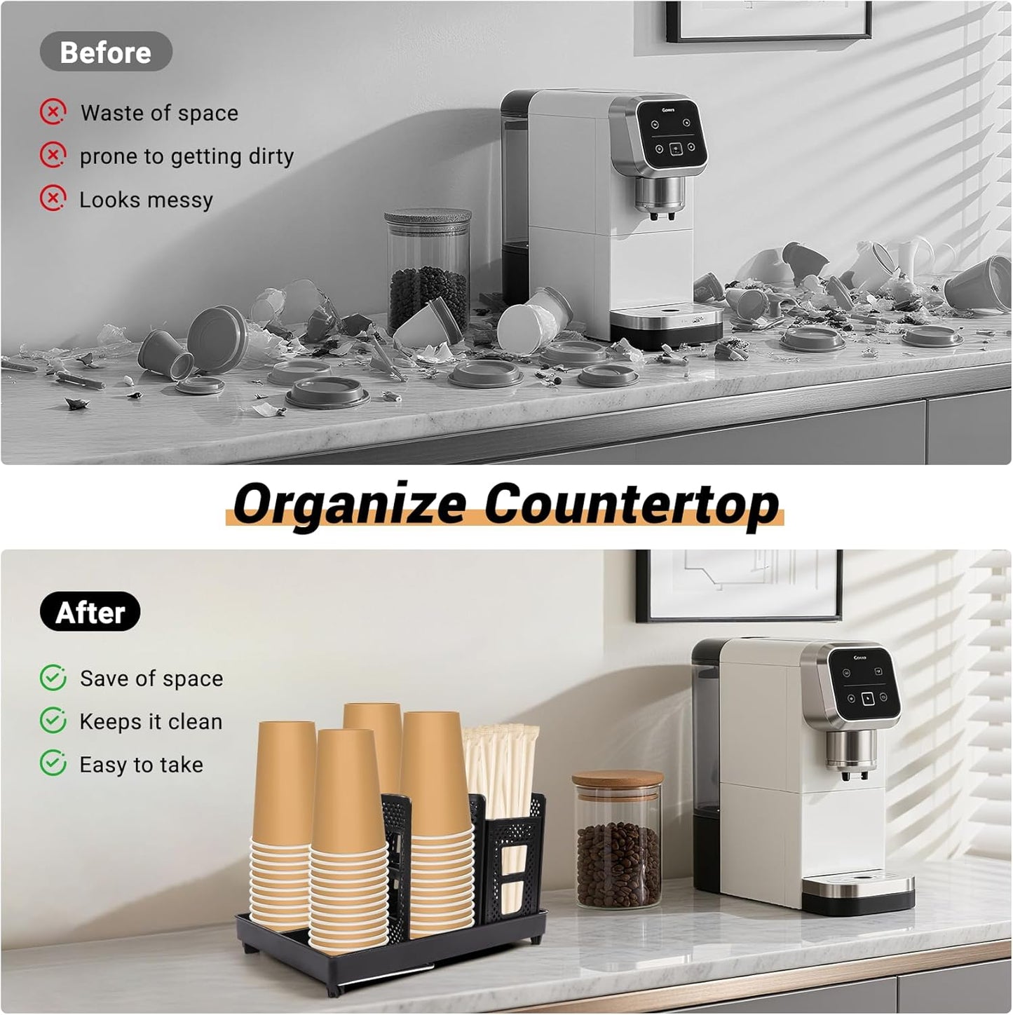 6 Slots Coffee Cup Holder for Countertop - Disposable Cup Holder with Foldable Stand, Paper Cup Dispenser with Mesh Baske for Coffee Station, Bar, Office, Home, Restaurant, Black