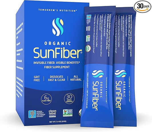 Tomorrow's Nutrition, Organic Sunfiber Stick Packs, Prebiotic Fiber Supplement for Digestive Health, Low FODMAP, Gluten-Free, 30 Packets, Blue