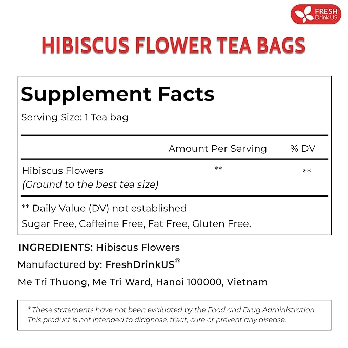 FreshDrinkUS Premium 30 Hibiscus Tea Bags, 100% Natural & Pure, Loose Flower Herbal Tea, No Sugar, Caffeine, Gluten, Vegan
